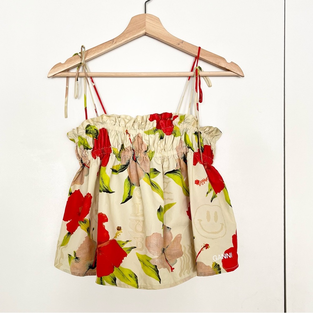 GANNI Women's Floral Cropped Top 34 (XS) Spaghetti Straps Resortwear Clubwear